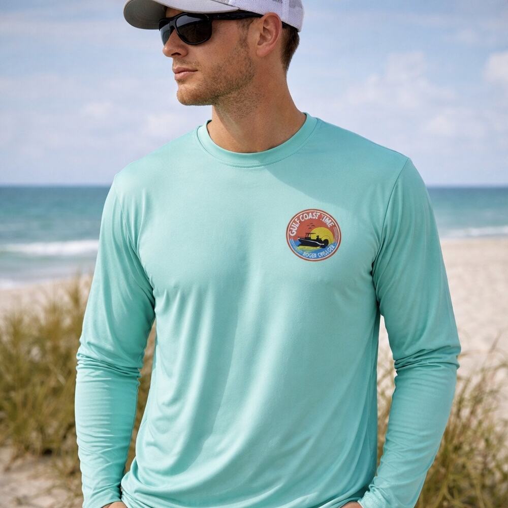 Roger Creager Gulf Coast Time Teal Performance Fishing Shirt Sz S